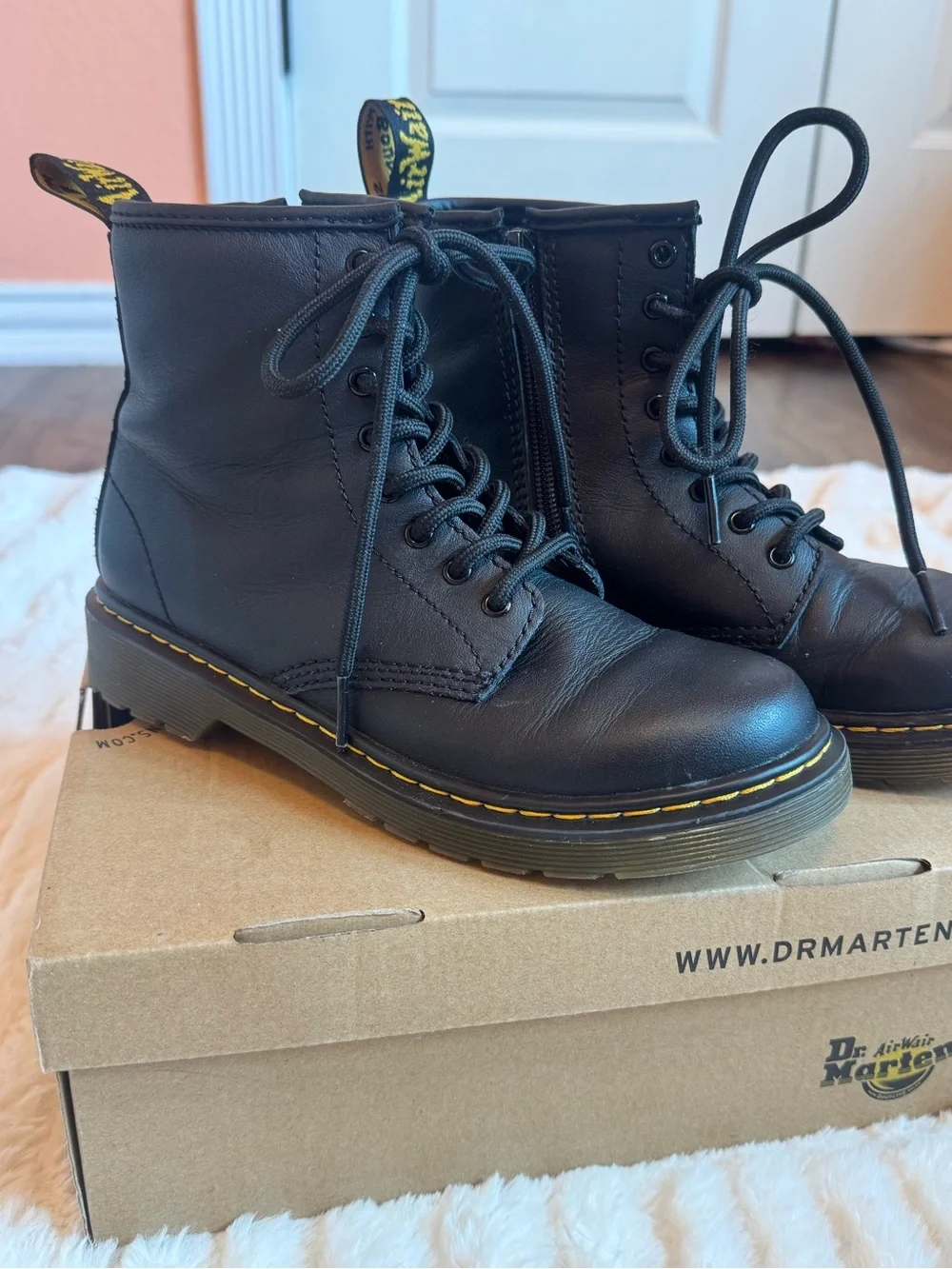 Dr. Martens Black Leather Lace-Up Boots with Yellow Stitching (Kids)